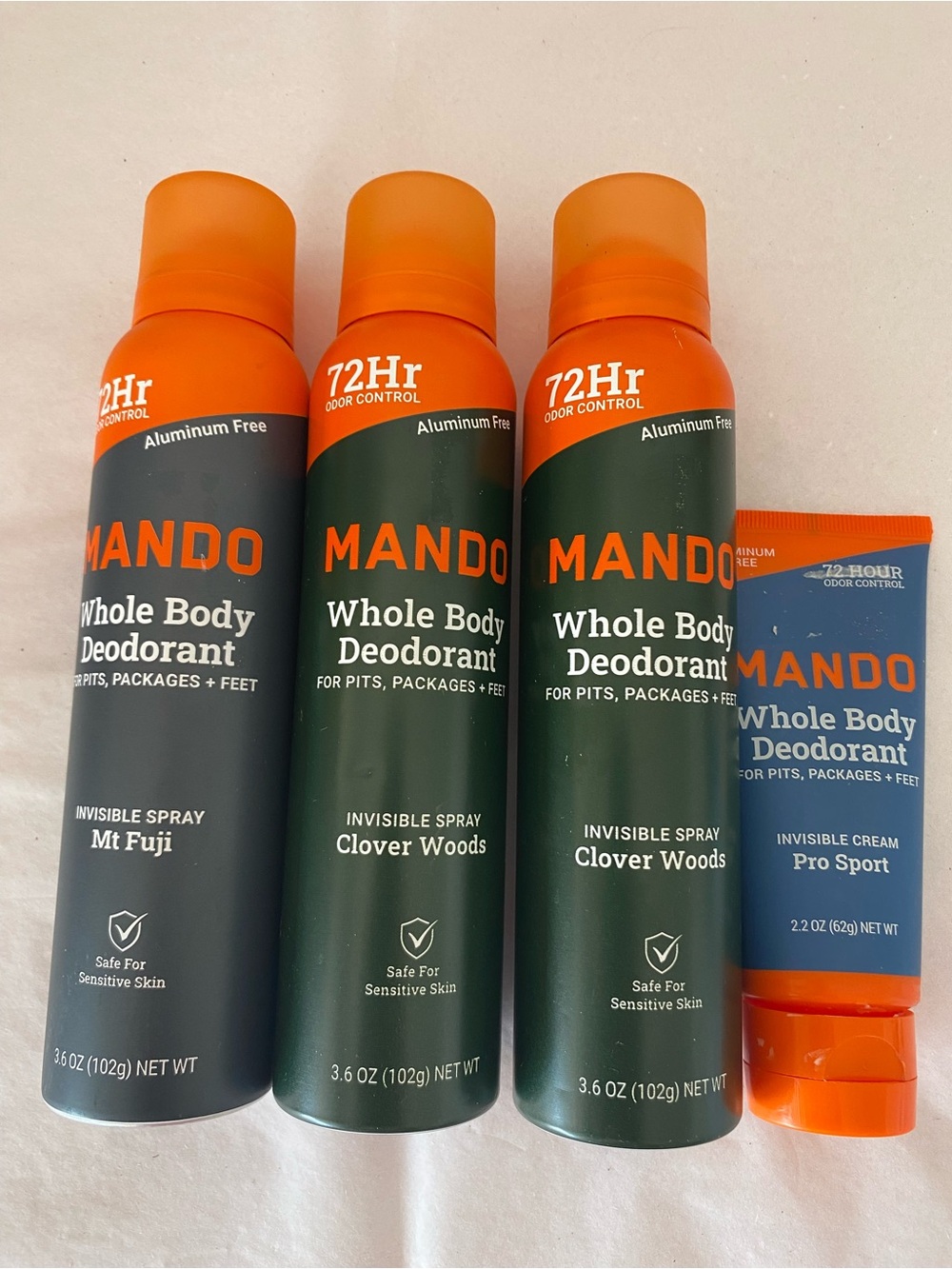 New 4 Lot Mando Body Deodorant Spray and Cream 3 Different Scents Aluminum Free